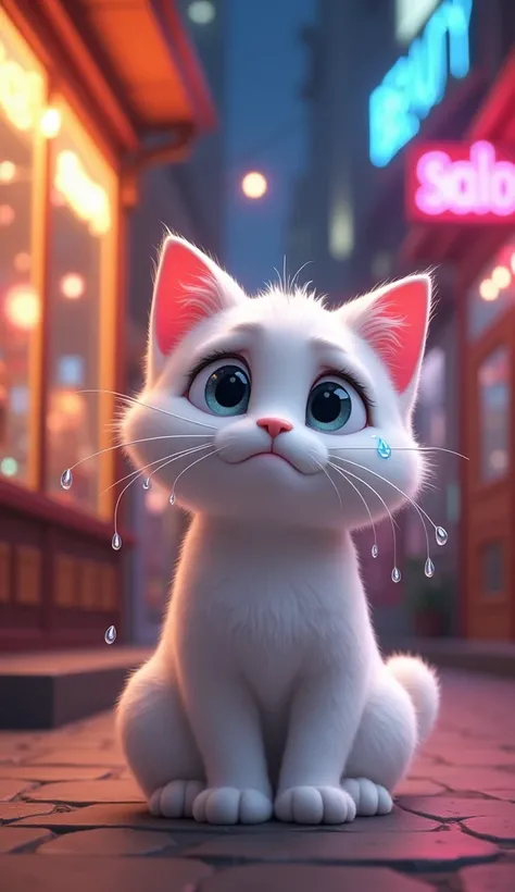 White animation cat crying and  looking at beauty saloon