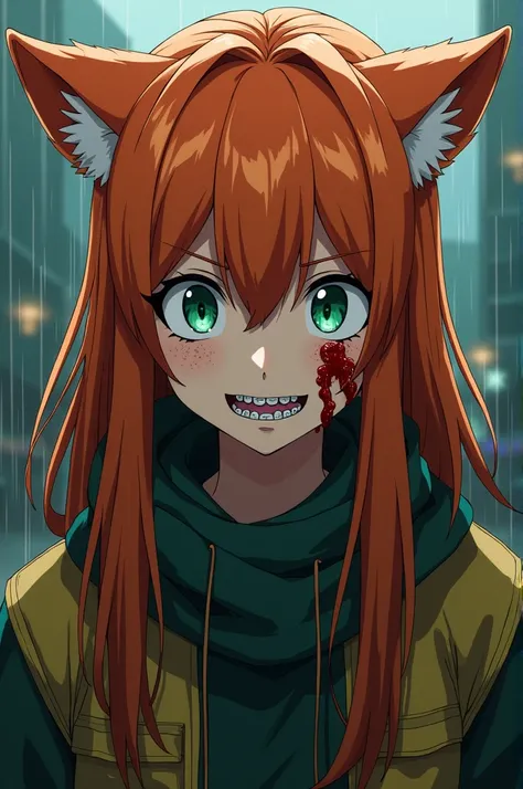  Girl from My Hero Academia with slanted eyes and long eyelashes with emerald green eyes,  with freckles on her face and braces on her teeth .. Long hair and orange hair  (wolf cut).  Background rain and the injured and bleeding girl 