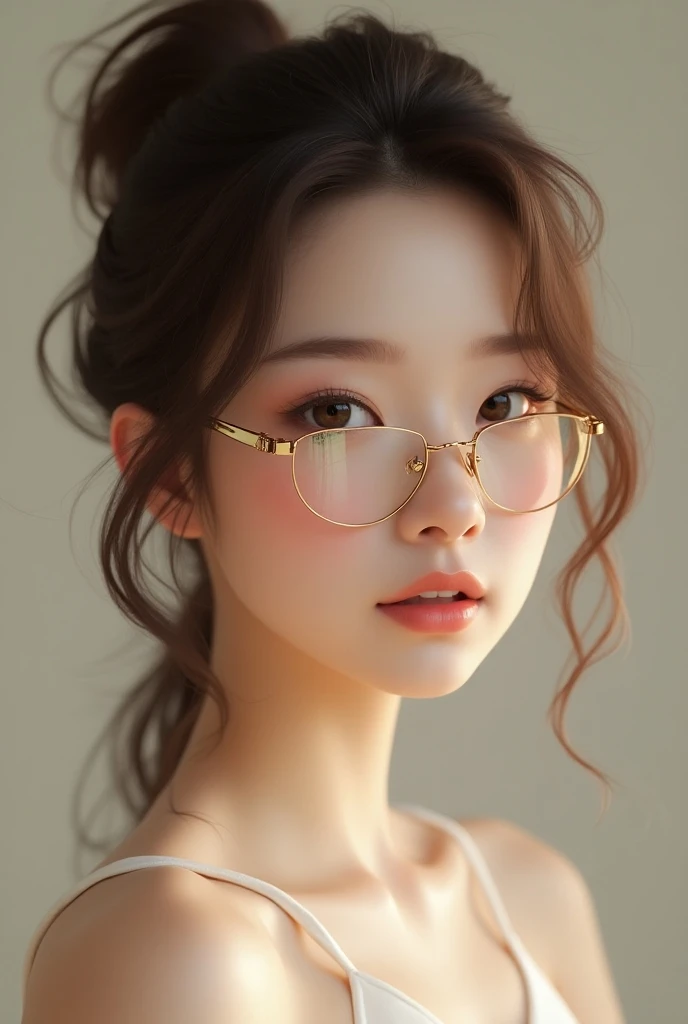  A pretty girl with brown hair  , She has golden glasses .  She has her hair tied up with her tail in front. She is very beautiful .