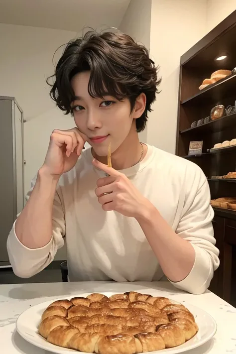 (masterpiece, top quality, best quality), 1 male，tall，Korean man, hot man, insanely handsome, 
masculine, dessert bakery，ultra messy curly hair, clear honey eyes, captivating perfect smile