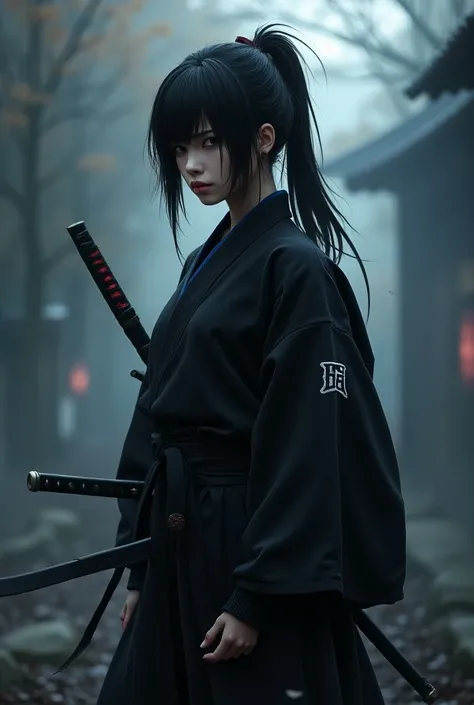 Ninja boy with black hair , emo bang, long ponytail, he is healding a katana and has black and indigo outfit like a samurai kimono
He is 24 years old