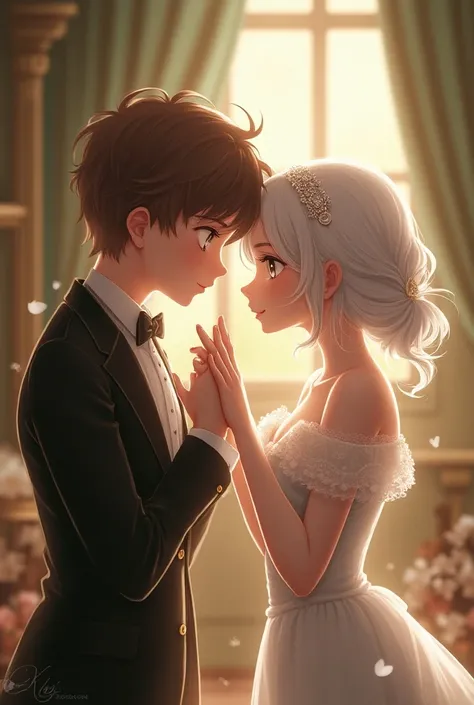 Brown-haired boy kissing the hand of a white-haired girl