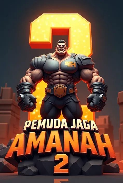 3D text logo reads “PEMUDA JAGA KAMPO AMANAH 2” at the bottom with a background of numbers 2 with a mighty man mascot on gaming theme