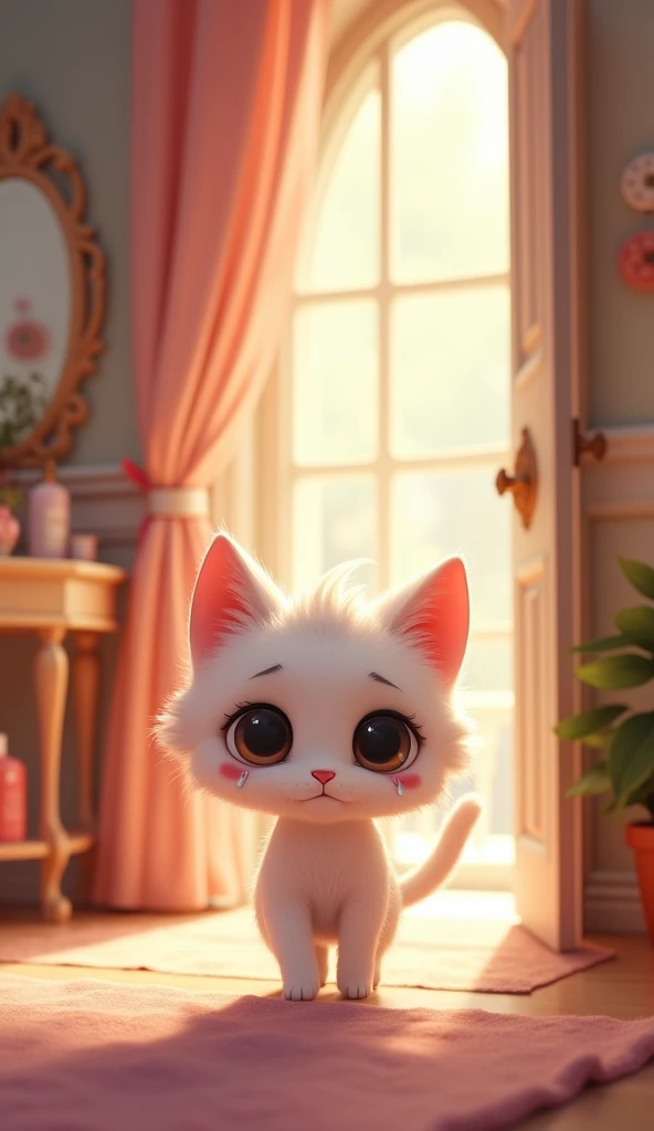 White animation cat tears on cheek walking into beauty salon 