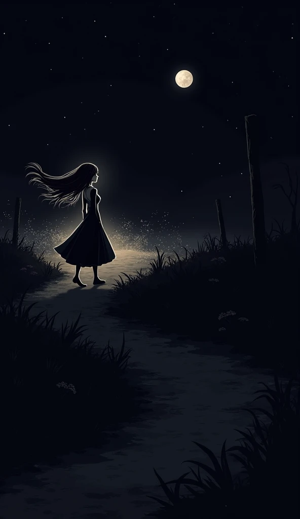 An anime girl with black hair ,  wearing a black dress walking along a dirt road with a black background with the moon in the background 