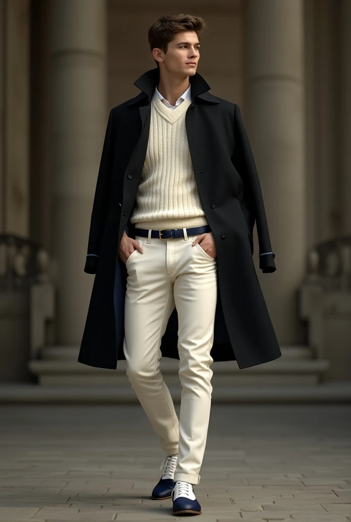 White sweeter,milk color jeans,black over coat,white-dark blue classic shoes,dark blue belt old money stil boy