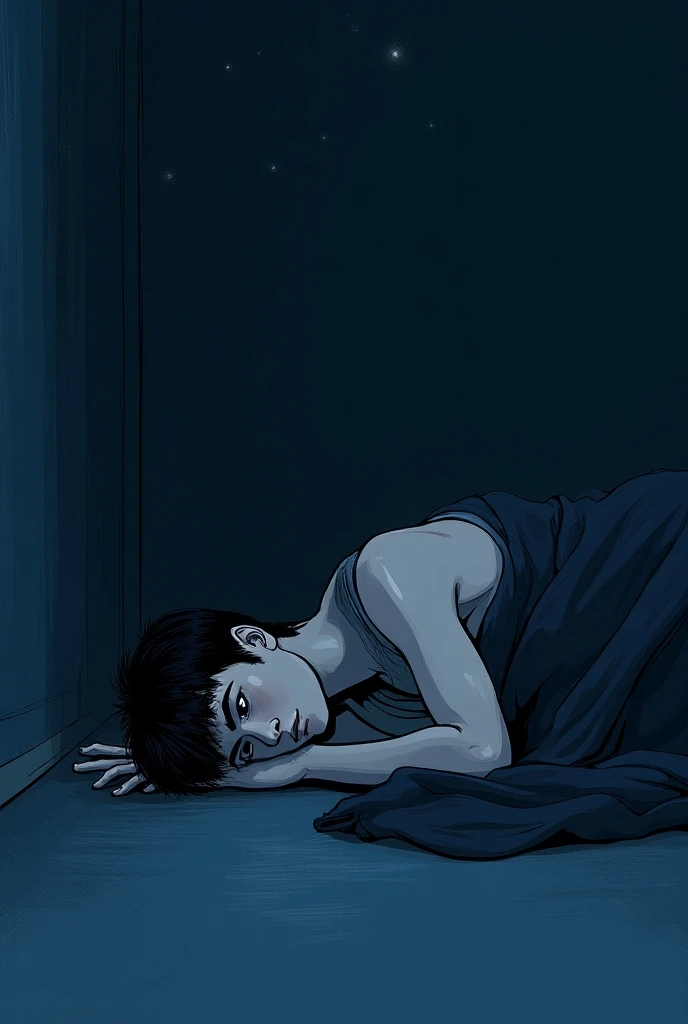 Make me an image of a young man with short black hair lying on the floor with a blanket, everything in the colors black and blue .  I want in the drawing and doodling style and in the style of Alicia Osman . unrealistic 