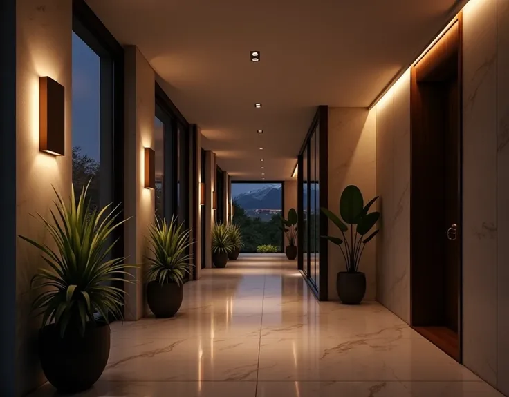 Modern luxury home corridor, night.