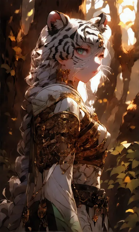 Portrait of Líria, a 21-year-old anthropomorphic white tigress, set in a forest scene. She has the full appearance of a white tigress, with pure white fur and striking black stripes in elegant patterns. Her eyes are deep blue, like sapphires, expressive an...