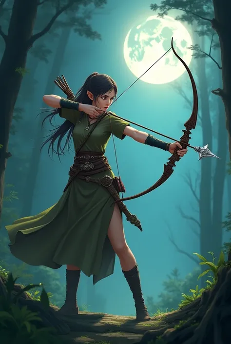 Half Elf Hunter Woman/ mugshooter
Weapon :ancient forest bow .
Silver moon dagger in anime style 