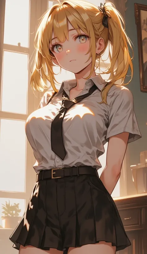 a close up of a woman in a skirt and shirt posing, seductive girl, ((big breast, big hips)), hyperrealistic schoolgirl, sakimichan frank franzzeta, a hyperrealistic schoolgirl, sakimichan, revealing outfit, sexy outfit, intriguing outfit, blonde goddess, r...