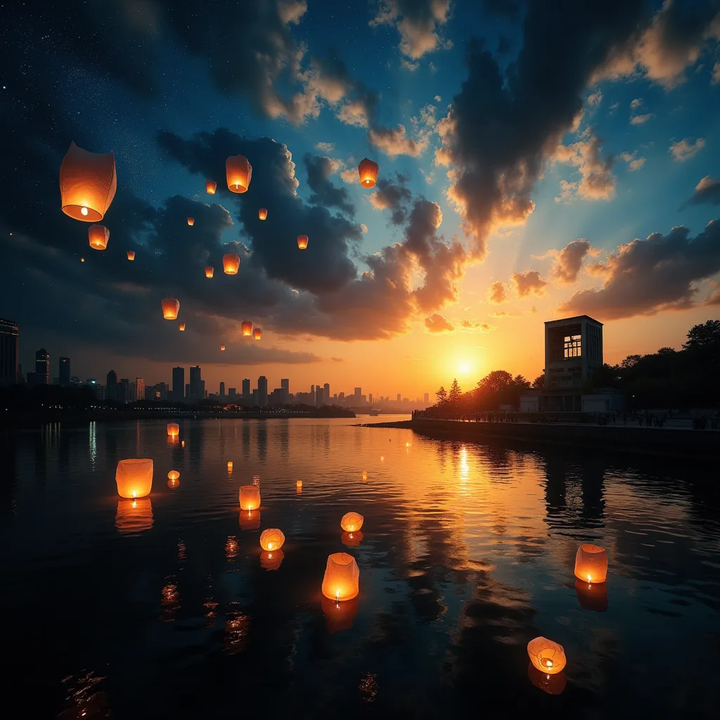 floating paper lanterns in the sky, small lanterns floating down a river, many lanterns floating in the night sky at dusk, light...