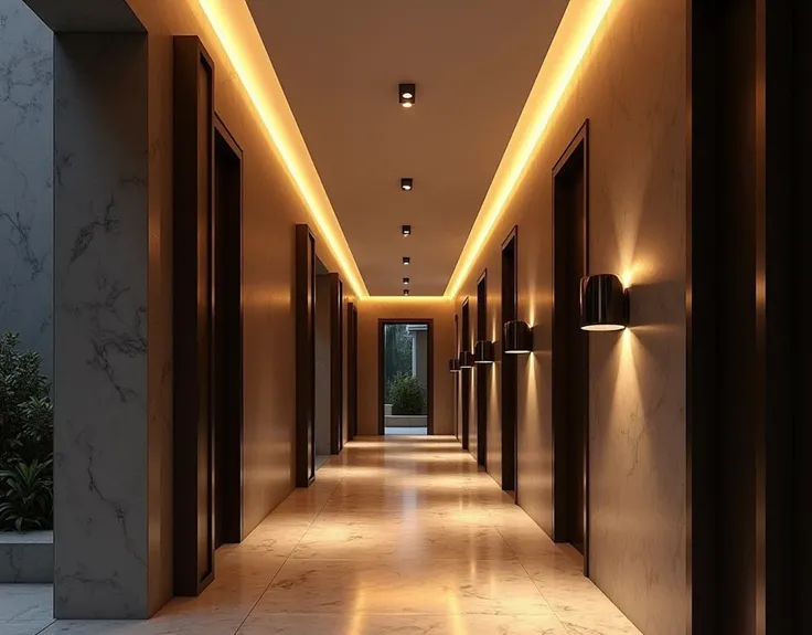 Modern luxury home corridor, night.