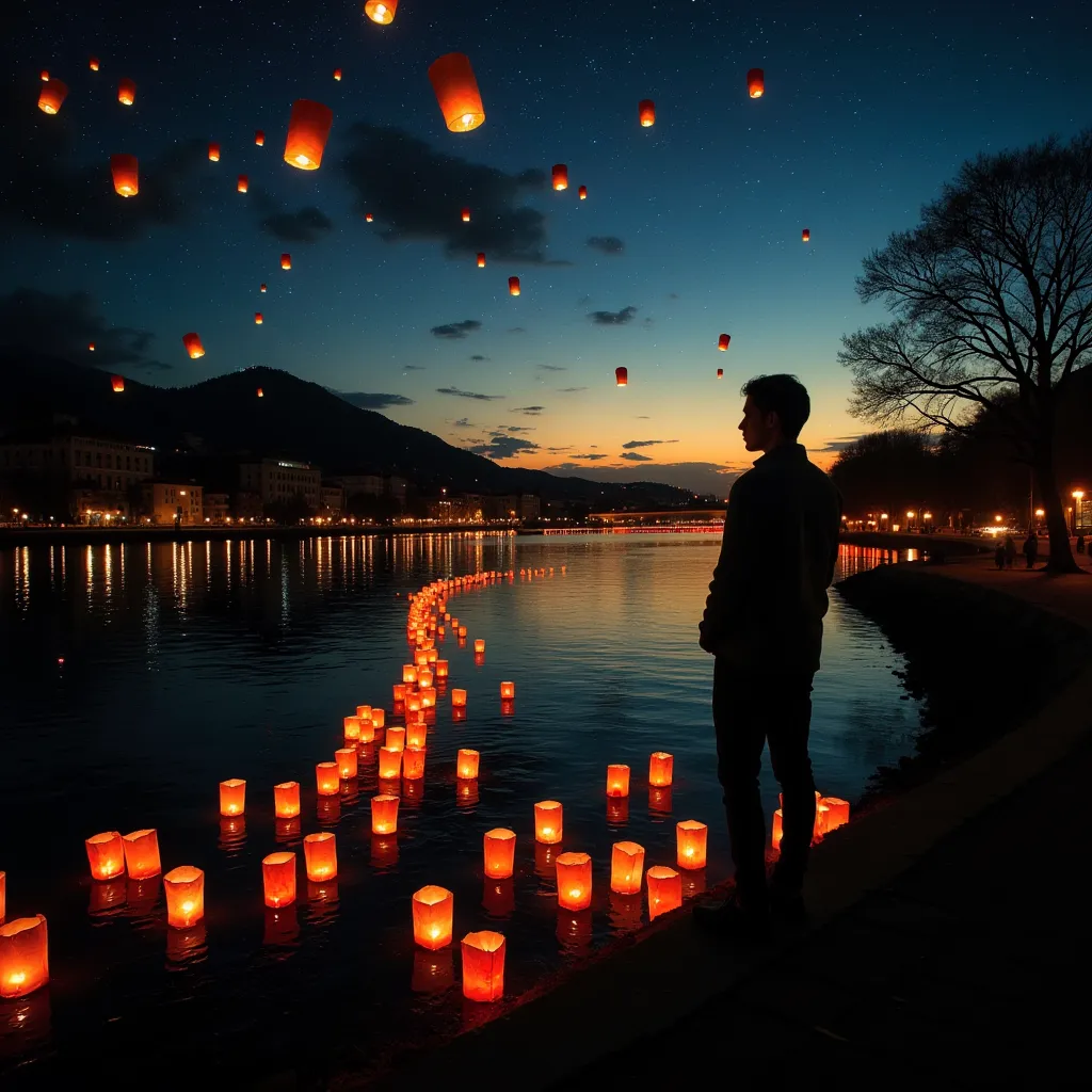 a lantern made of paper floating in the sky 、 a small lantern flowing through the river 、 lots of lantern lights floating in the...