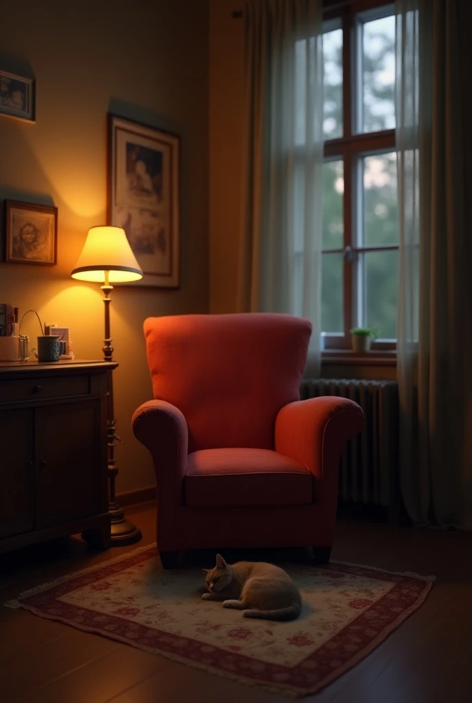  It is a corner of a house where there is a comfortable old red armchair accompanied by a classic lamp next to the armchair,  there is also a small cozy carpet where there is only a cat sleeping on it . The space is accompanied by a window with curtains, t...