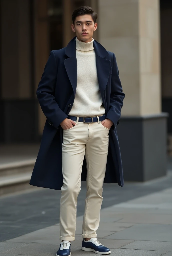 White turtleneck sweater ,milk color jeans,black over coat,white-dark blue classic shoes,dark blue belt old money stil boy