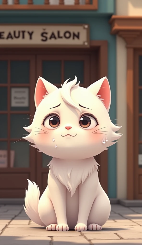 White animation cat tears on cheek in front of beauty salon 