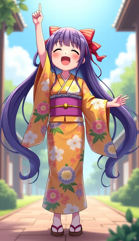 A purple long-haired ， Long Hair Flowing ， tied to a purple bow， Ribbon Flowing Japanese Girl ， with a round face ，Japanese wooden shoes ，Cute Japanese  sister wearing a flowery Japanese kimono ，One hand holding a microphone singing ，Microphone says ：Mina，...