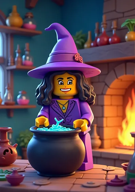 Crie uma imagem em Cartoon, In Lego, A witch in the cauldron, with purple clothes