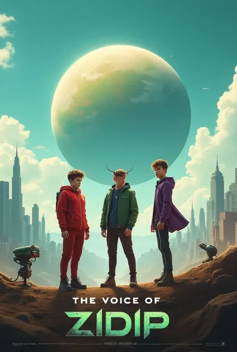 Create an image of three teenage people, two men, one wearing red, the other green, and a purple woman, you stand at the bottom of a hill with a recycling robot, echoed through a vacuum cleaner and behind an alien planet , where half of the planet is gray ...