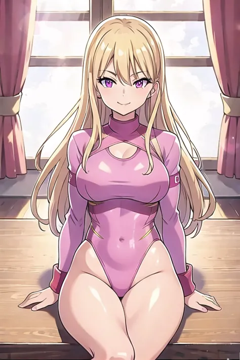 ftselenecas, pink eyes, blonde hair, long hair, mature female, gymnast tight leotard, long sleeves, big chest, calm smile, perfe...