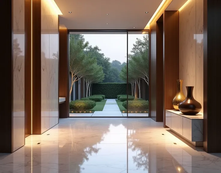 Entrance hall of modern luxurious house, night.