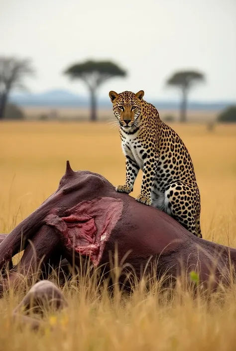 A leopard is perched on the ribcage of a large, carcass, partially stripped of flesh, set against a backdrop of golden grasses and distant acacia trees in a savanna landscape. The leopard appears focused and engaged in feeding, showcasing its distinctive s...