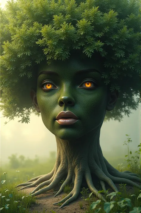 A beautiful tree is the mother, and her face looks like a woman. A  in her arms