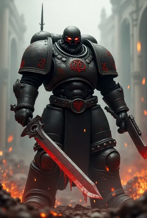 heretic astartes , traitor, not a demon, chainsword in one hand and bolter in another hand, weapon, war, hatred, bolter, chaos, big, mk5 power armor , with helmet,black armor 