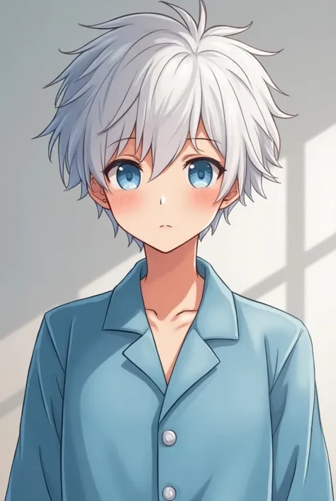 anime, young man, 20 years old with white hair, with bangs, and blue eyes,  taking a picture of himself, wearing light blue pajamas , with messy hair