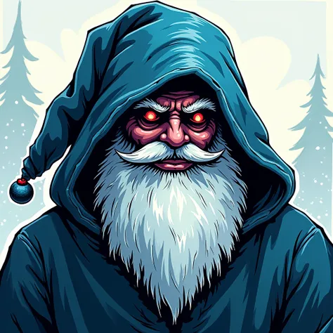  Gary chalk style colour line art drawing, Christmas Theme,  scarry blue  cloaked Santa