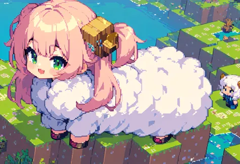 (Masterpiece Best Quality:1.3,  pixel art:1.8,  and Minecraft ,  and Minecraft の世界観, ((1girl\Pink fluffy hair\Ram&#39;s horn\Thick eyebrows\ pink dress\ sky blue cardigan\ brown boots )), Building a wooden house , grassland, Earth like a block, Voxel:1.3, ((UHD:1.4, high details:1.4,  highres icon, accurate))
