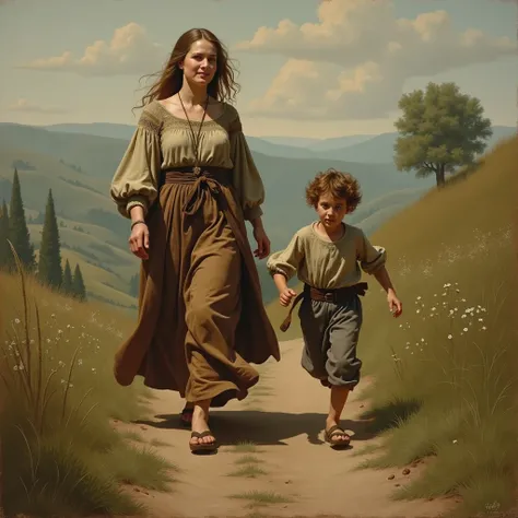  A picture of a mother and a boy living in middle age ,  mother goes in front while the  runs from behind and tries to catch up. should be in the style of a painting 