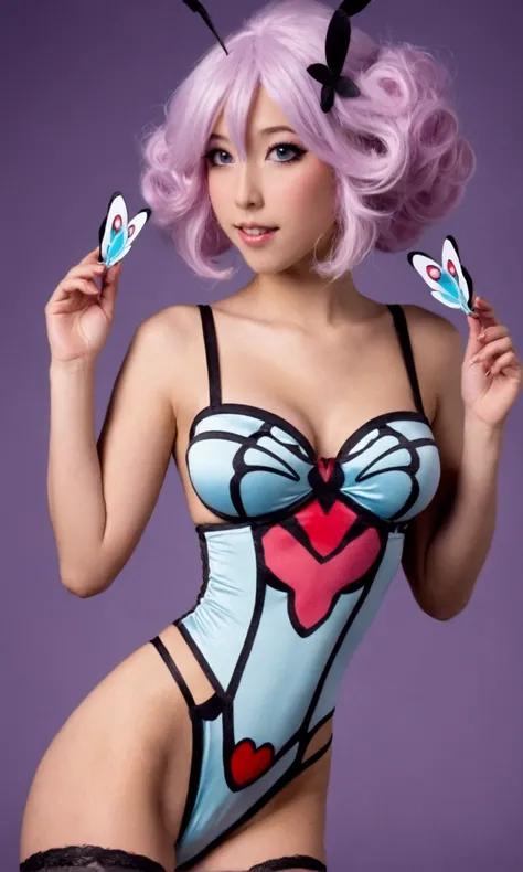 A cute woman (sexy fantasy Pokemon Butterfree lingerie, wildly colored hair, colored contact lenses) sexy teasing (lots of hand bra /hand panties), playful flirting, cosplay erotic calendar shoot
