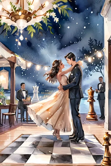 Create watercolor painting scene of sundowner cocktail dance, indian bride and groom couples in beige gown and groom in black tuxedo, fairy light decor, white flowers tiny, open sky, night theme, only couple to be in the frame, chess box floor, watercolor ...