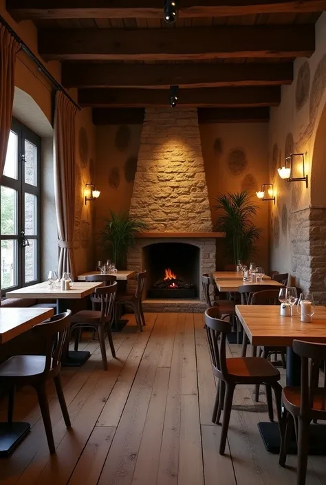 "Intérieur dun restaurant à lambiance conviviale et chaleureuse, typique de la Belle Époque. Des matériaux naturels dominent, avec des touches de bois patiné et des murs en pierre. Au fond de la pièce, une grande cheminée en pierre avec un tourne-broche vi...