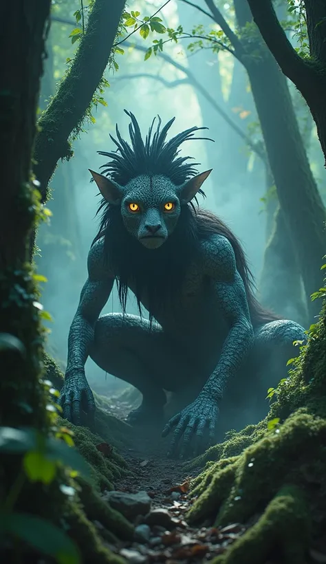 Epic Fantasy Style
"An epic fantasy scene of a mystical forest creature crouching amid towering, ancient trees. Its cracked-earth skin glows faintly, covered with ethereal, bioluminescent patterns, while a feathered headdress, crafted from raven and owl fe...