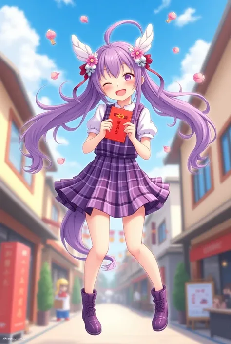 A purple long-haired ， Tail-bound high flying ， a lot of cute doll hair ornaments，Japanese  little sister ， wearing a purple plaid dress skirt ， Half-length purple plaid socks ，Purple Boots ，very cute，New Years Eve ！ holding a red envelope and happy ， outs...