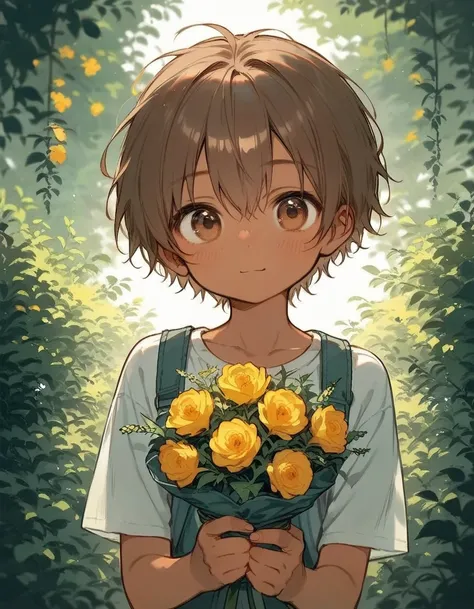 a cute male making a bouquet of flowers, anime, cartoon reality, (((Your name))) brown hair, a lock of hair falls between his eyes. brown eyes with a friendly, loving, contrasting look. cute and adorable, a youthful and cute face. lightly tanned, he is a p...