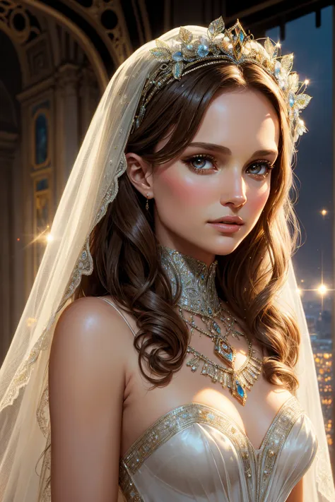 3D portrait Natalie Portman, wearing veil bride transparent sexy costume, against the background of the Eiffel Tower, 9 9 9 9 s, curly hair, intricate, elegant, highly detailed, digital painting, artstation, concept art, smooth, sharp focus, illustration, ...