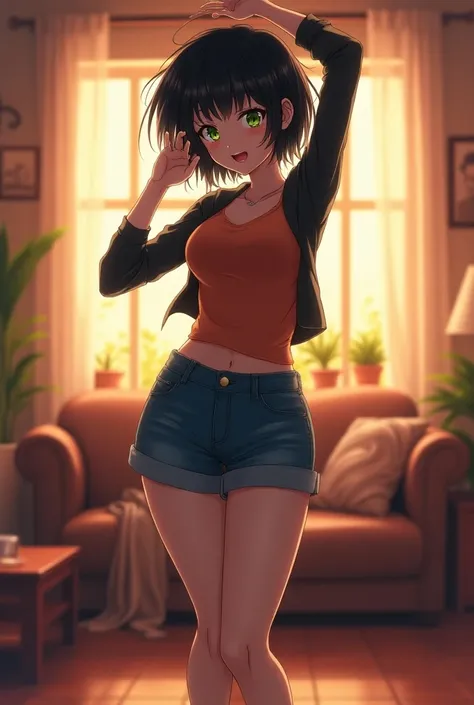 (anime) 24 year old girl, exaggerated breasts,  green eyes, high, Short black mane.  listening to music and dancing in her living room
