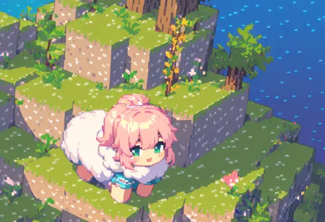 (masterpiece best quality:1.3,  pixel art:1.8,  and minecraft ,  and minecraft の世界観, ((1girl\pink fluffy hair\ram&#39;s horn\thi...