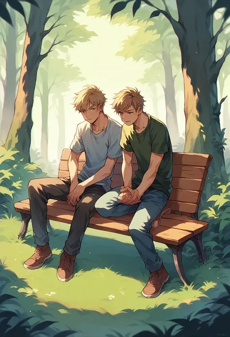 Two Indonesian boys in their 20s sit on a bench in the forest