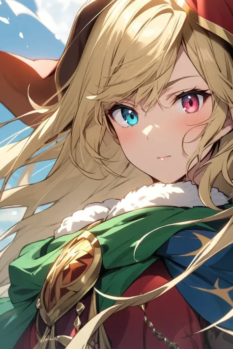 girl,  blond hair, Noble Mage,  eyes with heterochromia green and blue 