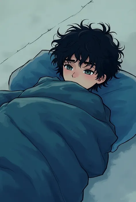  Make me an image of a young man with black hair lying on the floor with a blanket, everything in the colors black and blue  .  I want it in the cartoon and doodle style and in the style of Alicia Osman  . UNREALISTIC 