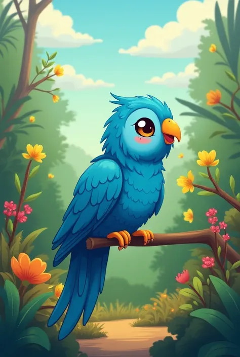 A Bolivian blue paraba in cartoons,  with an extremely tender expression . for a story . That it seems drawn by a talented Bolivian artist for illustrations is