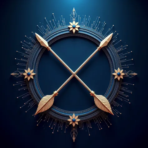 A Very Clear Ultra HD Dynamic Image Of A circular logo with a blend of traditional Indian motifs and digital elements. Show an abstracted version of Lord Rama’s bow and arrow crossed with a futuristic AI circuit pattern. Use colors like royal blue, gold, a...