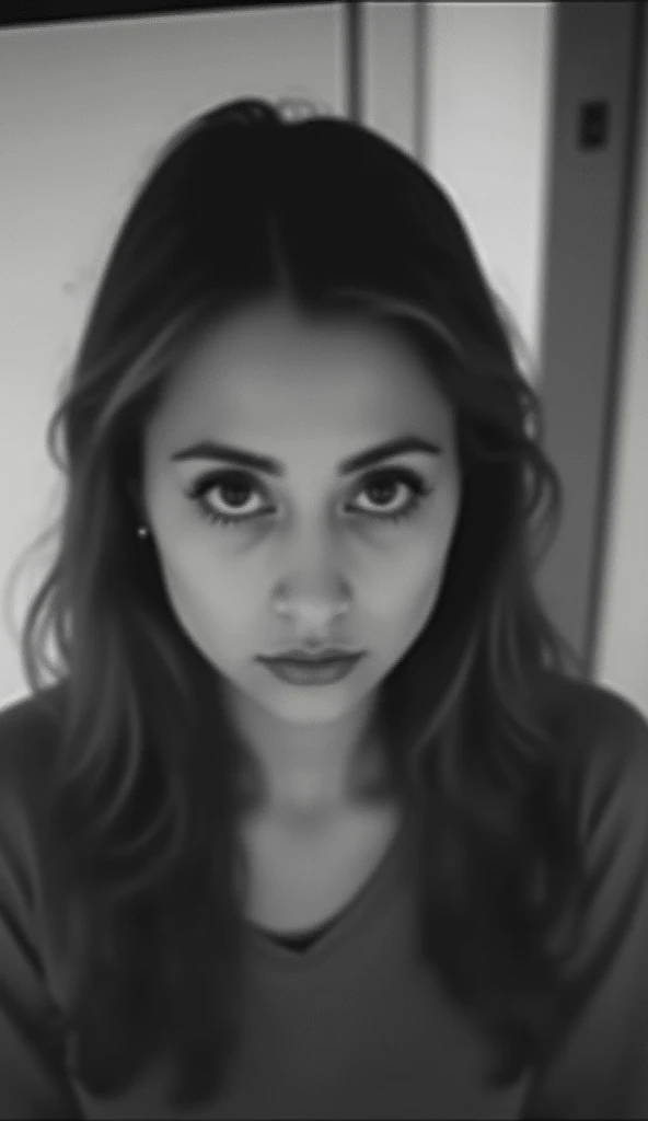 A blurry security camera image showing a young woman looking directly into the lens, with a serious or distressed expression. The image is in black and white, slightly grainy with low resolution, typical of a surveillance camera. The background is indistin...