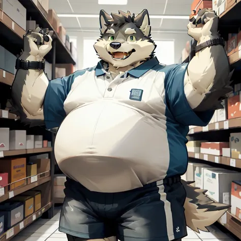 Nj5furry, wolf, obese morbidly fat, stilling, big belly, fat cheeks, fat tighs, cute face, green eyes, highly strung, shopkeeper, tight shopkeepers clothes (green polo shirt, white apron over the polo, blue jean shorts), in a store, (3:4) body, front cam, ...