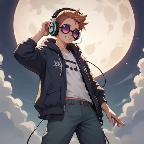  headphones and lenses a little leprechaun standing on the moon, wearing DJ 